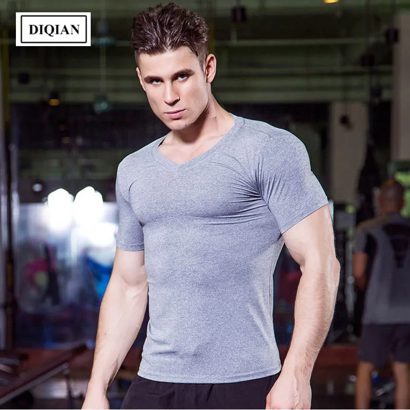 2018 New Arrival Bodybuilding Men Running T-shirt Solid Color Fitness Sport T-shirts Short Sleeve Quick-drying V-neck Tees Tops | Спорт и