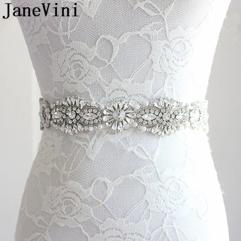 

JaneVini 2018 Bling Diament Wedding Belts with Stones Rhinestone Ribbon Sash Belt Bride Pearls Bridal Crystal Belts for Dresses