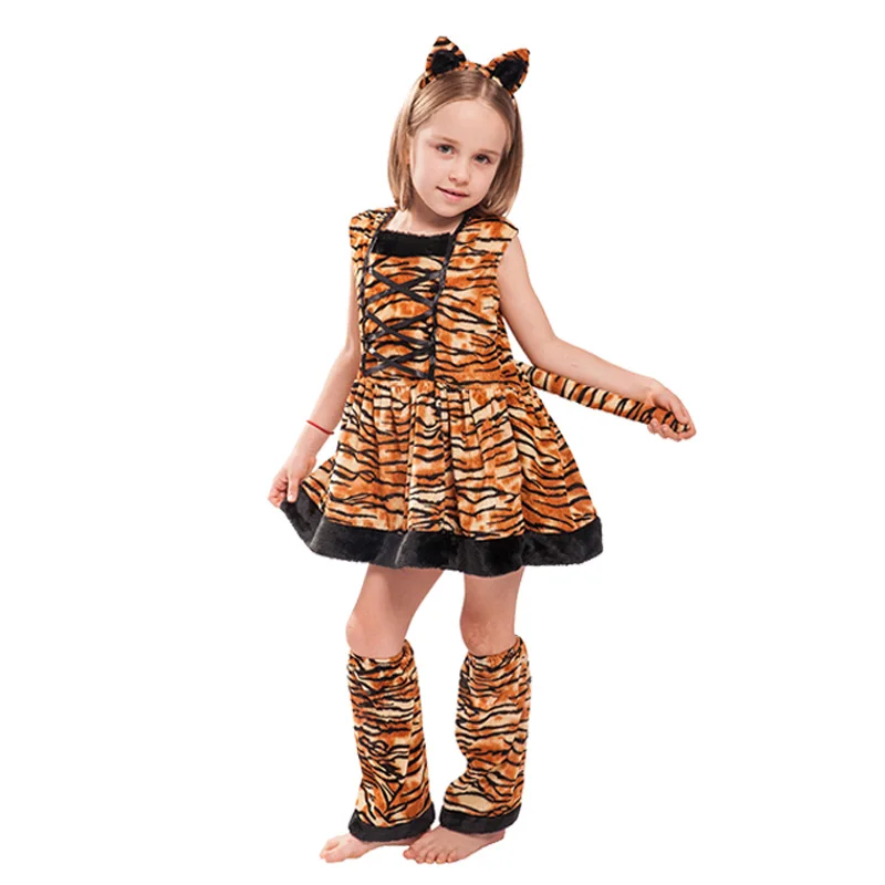 Tiger Eraspoooky/милый мультфильм животных Косплей обувь для девочек Тигр Леопард платье детский костюм на Хэллоуин Рождество Карнавал Наряд повязка на голову - Цвет: Tiger