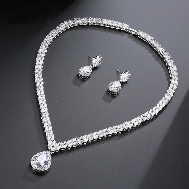 

Classic Fashion Water Drop Pendant Necklace Earring Cubic Zircon Jewelry Set For Women Wedding Engagement Accessories