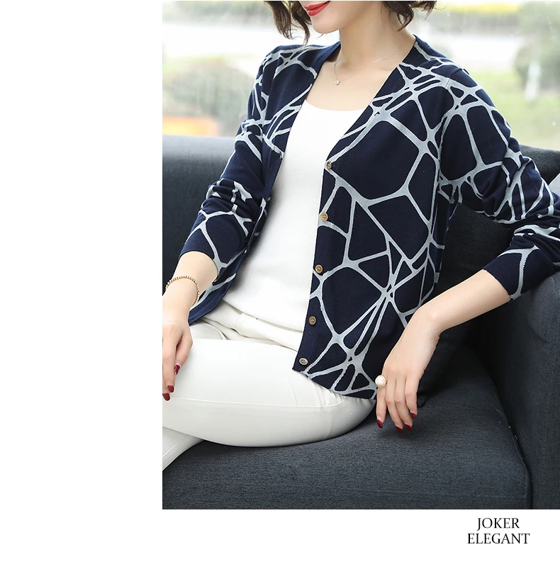 ASLTW Autumn Printed Sweater Women New Fashion Geometric V Neck Cardigan Female Plus Size Knitted Top Jumper Sweater