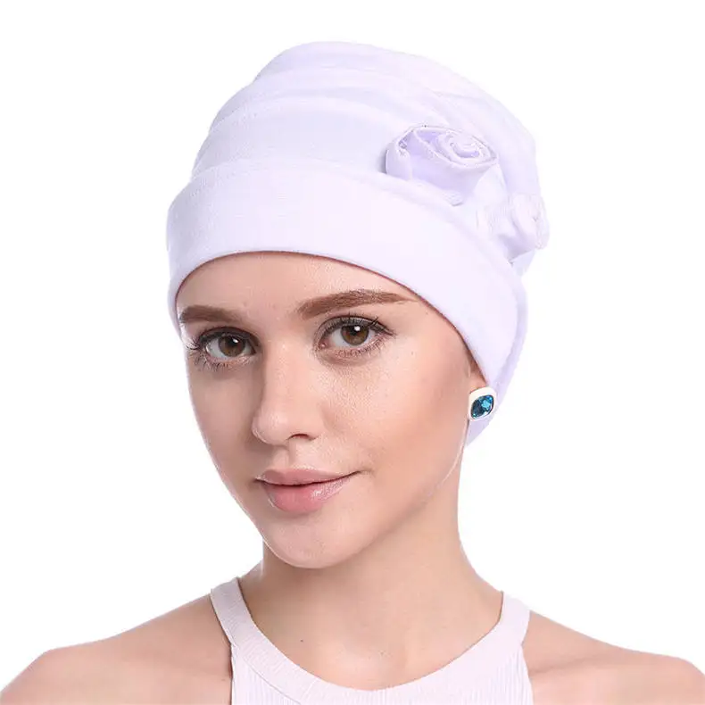 white AWAYTR, 1 шт., женские модные банданы, осенне-зимний шарф, эластичная повязка на голову, тюрбан с цветком, шапка, мусульманские украшения для волос - Цвет: white