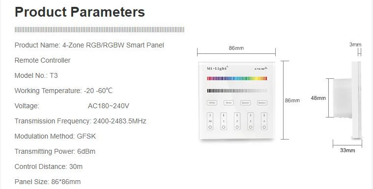 AC 220 V Mi Light T1 T2 T3 T4 панель контроллера 2,4G RF сенсорный экран настенный пульт дистанционного управления для DIM CCT RGB RGBW RGB+ CCT Светодиодный лампочки/полосы