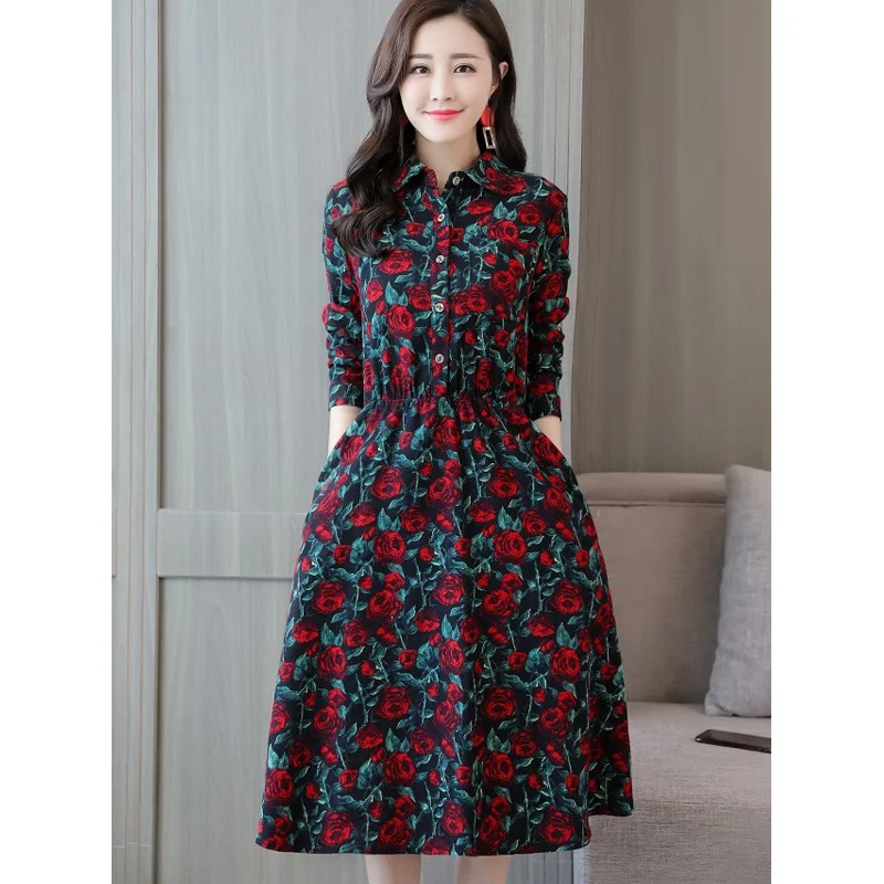 

Women Elegant A-line Dress 2019 Spring Autumn Long Floral Print Fashion Casual Slim Long Sleeve Dress Female Vestidos Plus Size