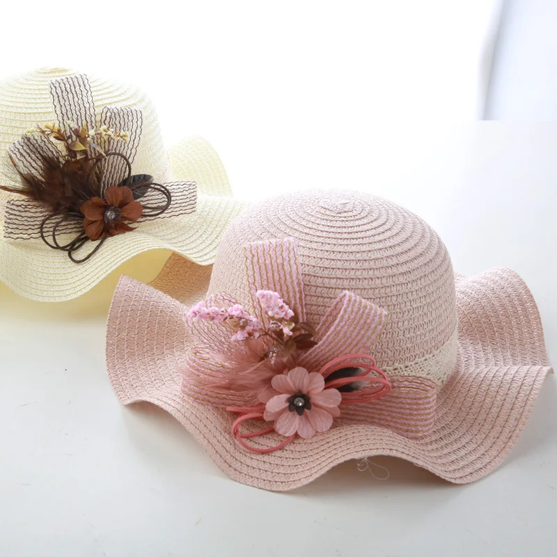 2019 baby girl hat summer bow straw solid color flowers outdoor cool Korean casual wave big along beach kids beanies | Детская одежда и