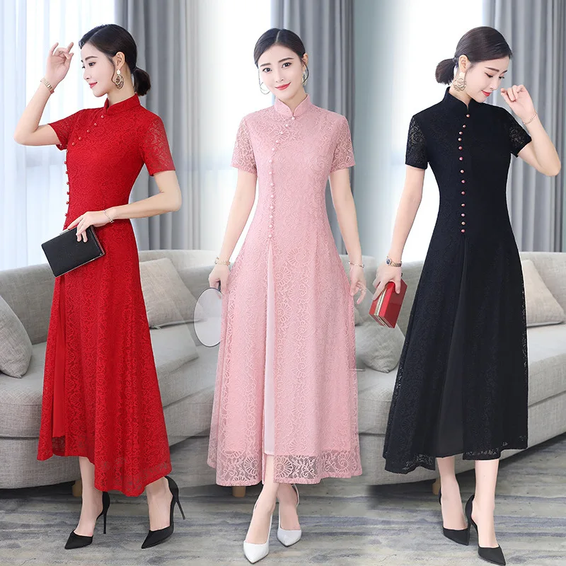 

Chinese Traditional Long Cheongsam Women Lace Dress Prom Qipao Size M-3XL