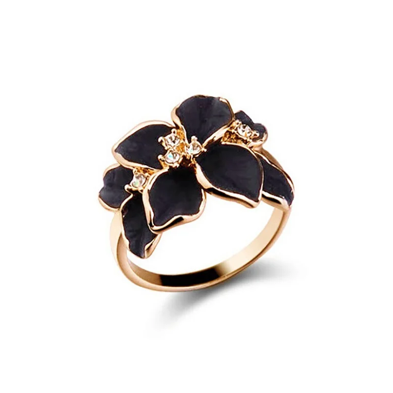 Hot Sale Rose Gold Color Delicate Crystal Black Enamel Flower Female Ring Elegant Charm Quality Wedding Jewelry Accessories | Украшения и