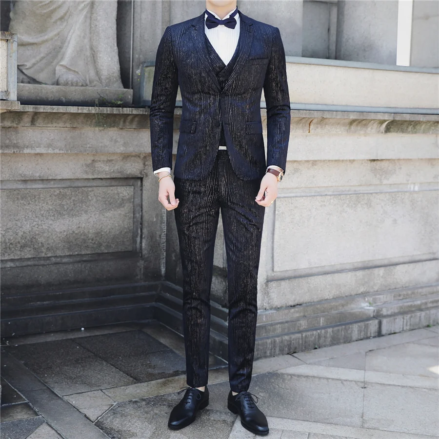 Вечерние костюмы для выпускного для Для мужчин Slim Fit Комплект из 3 предметов бархатный костюм Человек Свадебный костюм Homme Mariage элегантный приличный костюм к ужину мужской Q673