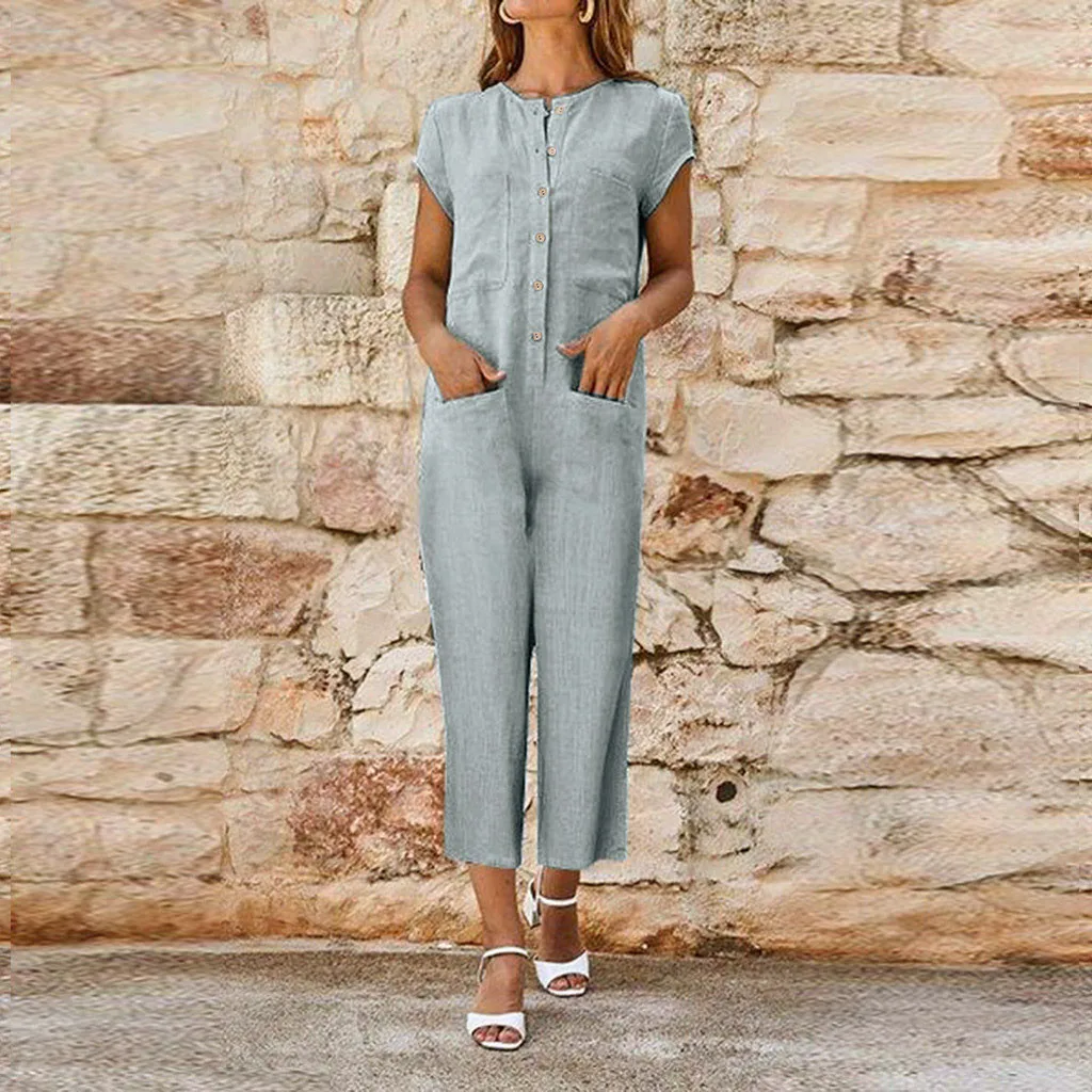Женский комбинезон v образный вырез хлопок лен однотонный короткий рукав