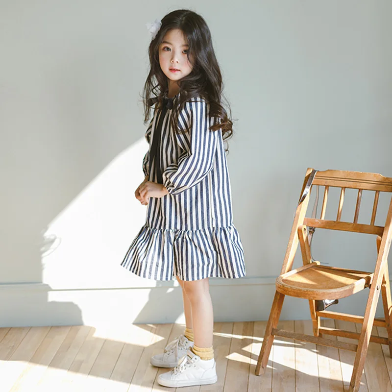 Ruffles Baby Toddler Girls Dress Spring 2019 New Black White Stripe Dresses for Little Cotton Kids Long Sleeve | Детская одежда и