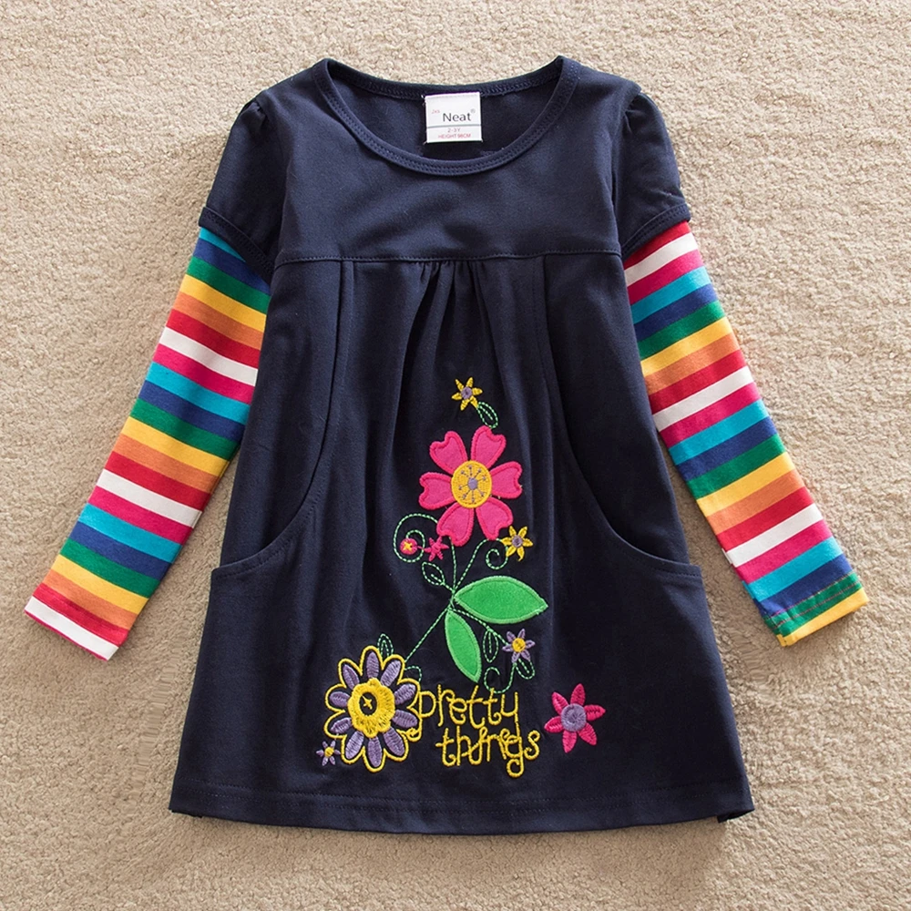 JUXINSU Cotton Girls Flower Embroidery Long Sleeve Dresses Rainbow Autumn Winter Casual Dress Clothing for Girl 1-8 Years | Детская