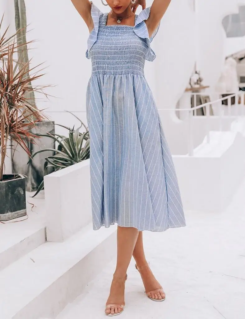 Vintage striped women long dress Ruffle linen blue elegant summer 2019 Casual cotton fashion female beach vestidos | Женская одежда