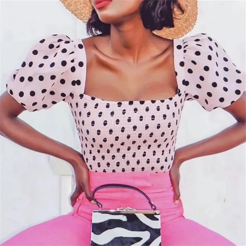 Runway Women Dots Shirt Sexy Square Collar Half Lantern Sleeves Blouse 2019 Summer Chiffon Super Elastic Shirts Sweet Clothing | Женская