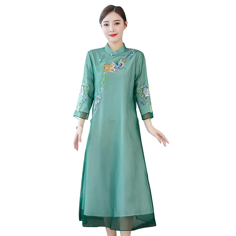 

Летнее женское платье 2019 элегантные китайском стиле цветок вышивка Винтаж платье Стенд тонкий Большие размеры улучшилось cheongsam платья