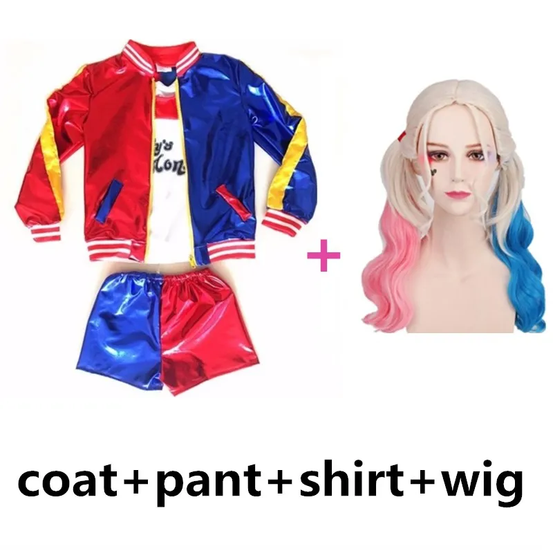 coat pant shirt wig Детский день подарок для девочек супергерой Бэтмен Харли Квинн маскарадные костюмы аксессуары Полный комплект для дня рождения - Цвет: coat pant shirt wig