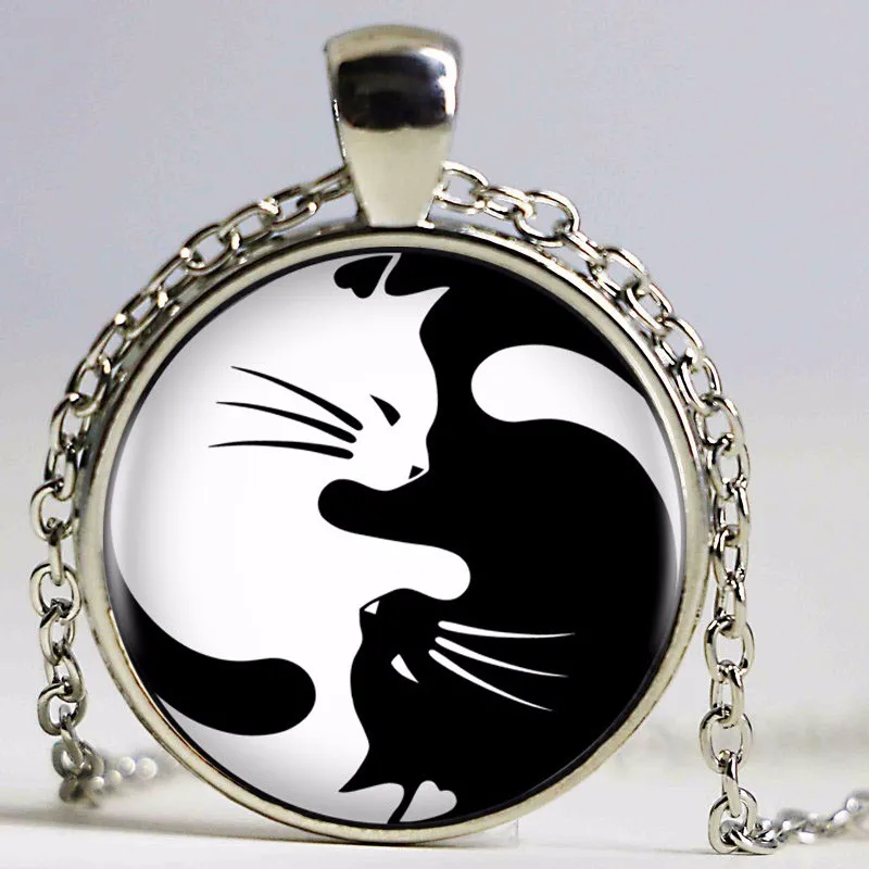 

1pcs/lot Vintage Two Yin Yang Cats Necklace Pendant Kolye Cabochon Long Chain Statement Necklace For Fashion Women Men
