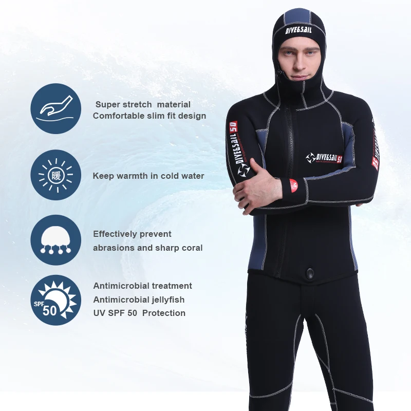 Double Warm Professional 5MM SCR Neoprene 2-pieces Men Hooded Wetsuit Scuba Diving Suit Zipper Split Spearfishing Wet | Спорт и