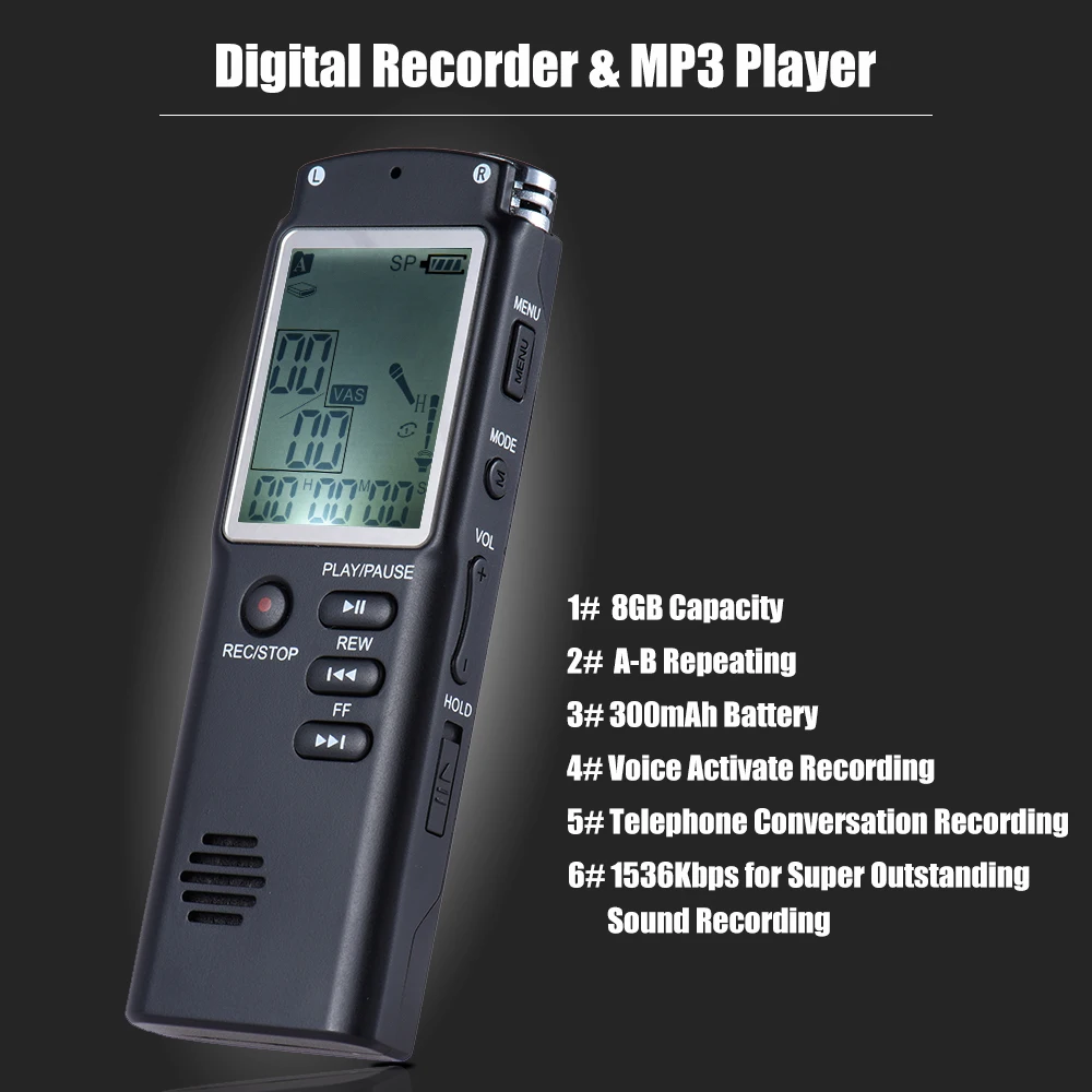 8 ГБ 1536 кбит/с аудио цифровой диктофон MP3 музыкальный плеер телефонный Диктофон Запись голоса телефонного разговора