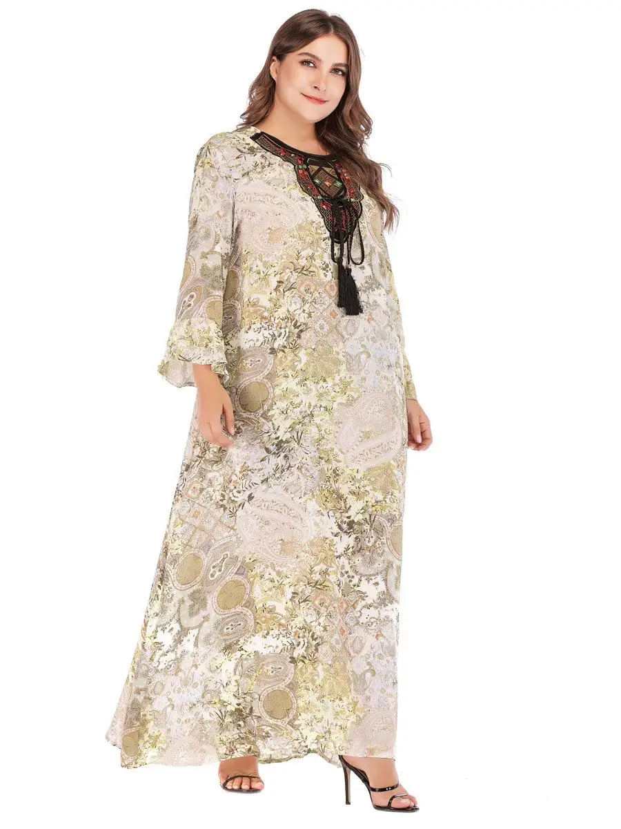 Women Muslim Long Dress Print Plus Size Embroidery Dubai Robe Casual Loose Abaya Gown Beading Drawstring Casual Islamic Clothes