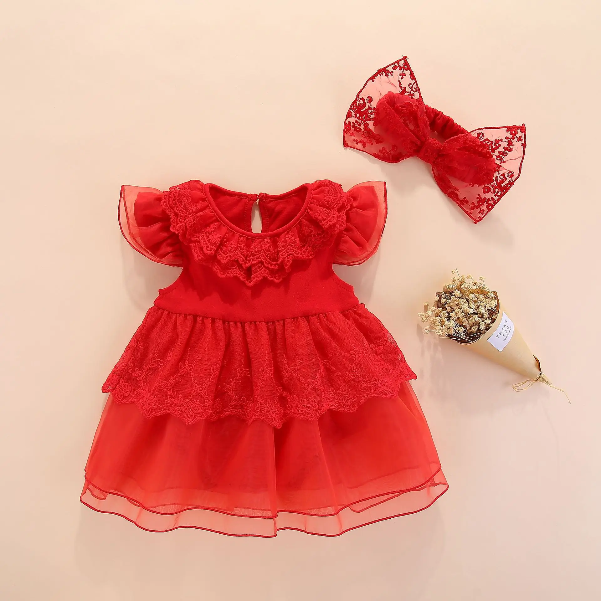 red dress Летние платья для новорожденных девочек+ повязки на голову от 0 до 1 года, Красное Кружевное платье принцессы с цветочным рисунком одежда для дня рождения для малышей vestido infantil - Цвет: red dress