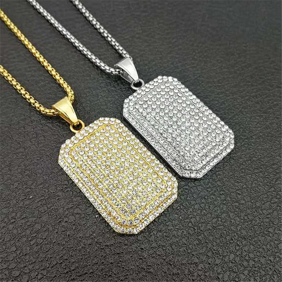 Для мужчин в армейском стиле золото/серебро Цвет Полный Стразы Iced Out Шарм квадратный Dog Tag кулон ожерелье хип хоп Bling ювелирные изделия