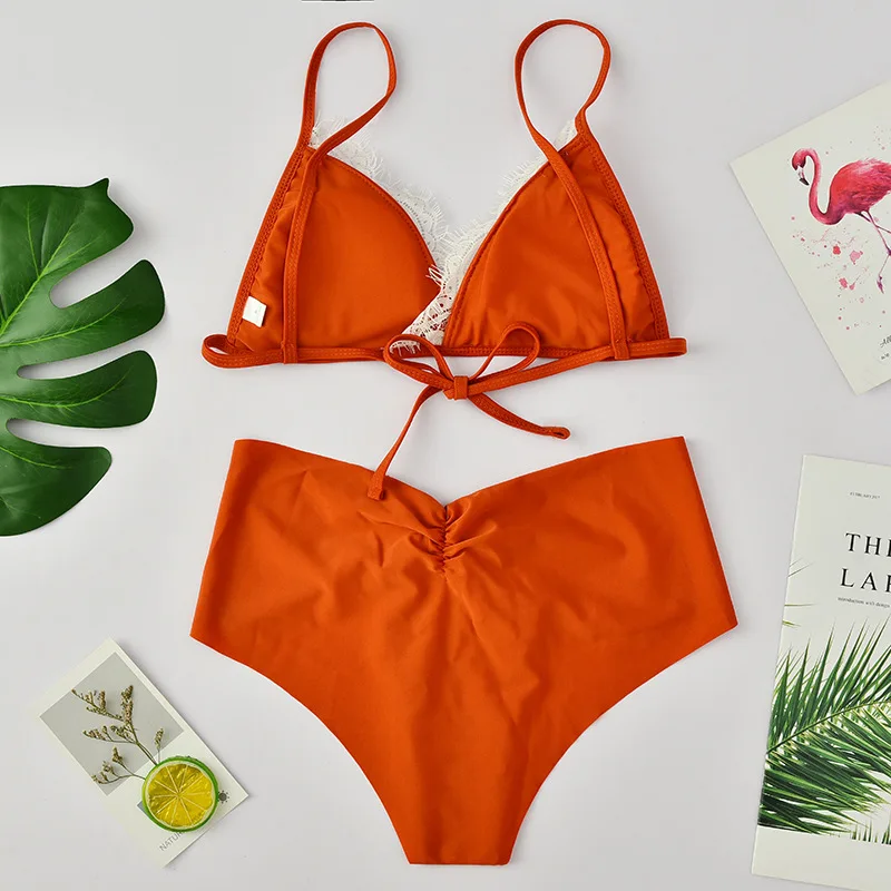 Женский купальник с бантом Roseheart оранжевое пикантное бикини высокой талией без
