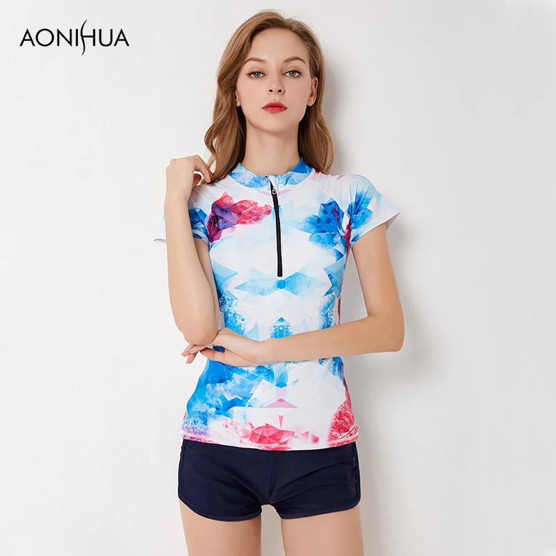 Женский купальный костюм AONIHUA с коротким рукавом облегающий для плавания пляжная