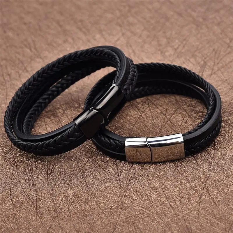 Мужской плетеный браслет из натуральной кожи с магнитной застежкой|bracelet braided|leather