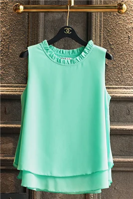 light green Летняя Новинка, модная двухслойная женская шифоновая блузка с гофрированным воротником, свободные шифоновые рубашки без рукавов - Цвет: light green