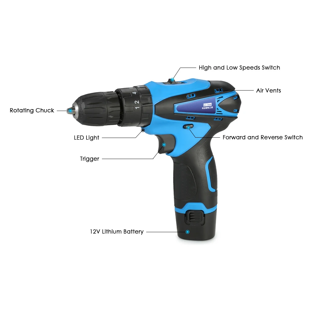 KKmoon Multi-functional Electric Drill 12V Lithium-Ion Two-speed Cordless Rechargeable Screwdriver with LED Light | Инструменты