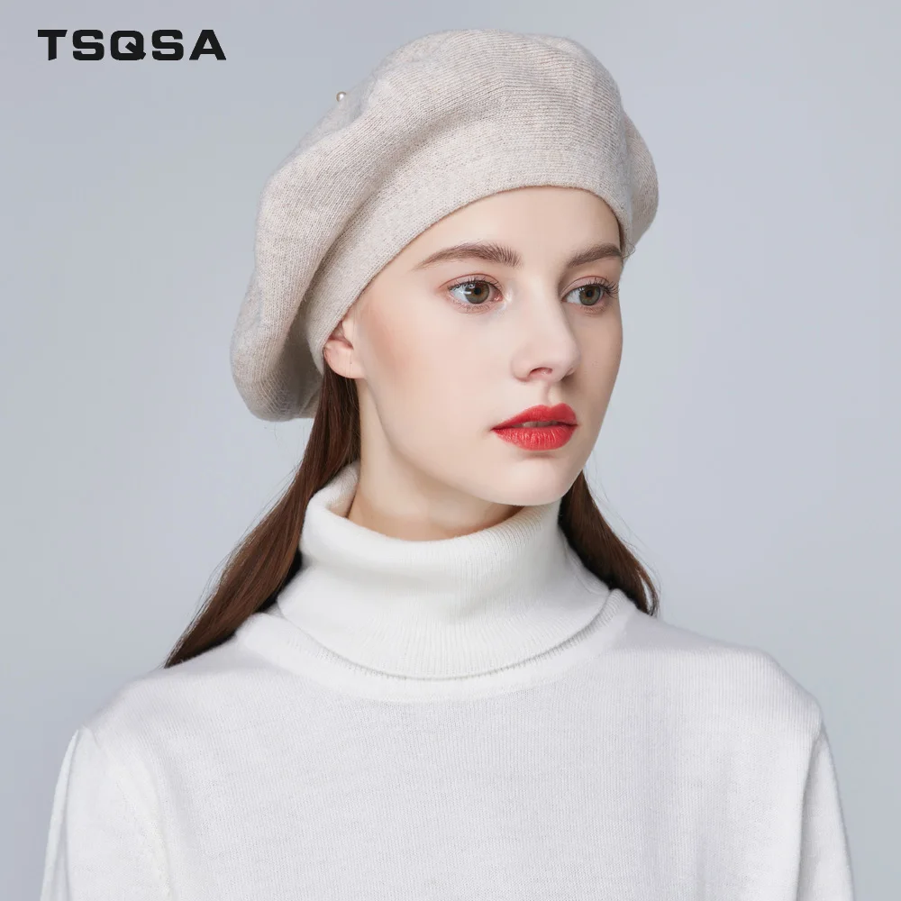 TSQSA Теплая Женская Шапка Новая Женская Шерстяная Вязаная Шапка Модная Сплошная Цветная Повседневная Женская Шапочка Beasines TAH1831