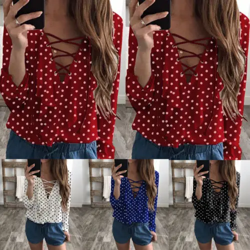 Женская блузка с длинным рукавом V образным вырезом и принтом в горошек|shirt top|ruffle