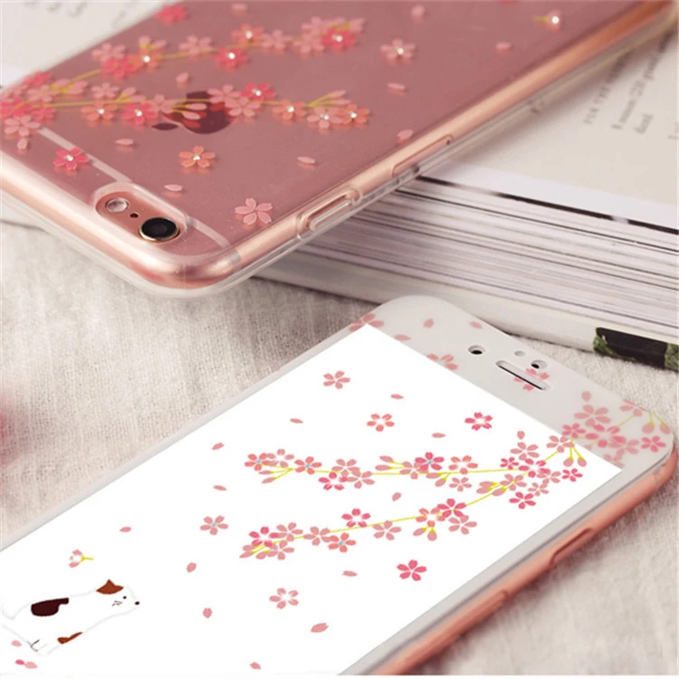 Мода Ясно Чехол Для Телефона iPhone 6 s плюс Вишни Rhinestone Защитная Мягкая TPU Задняя