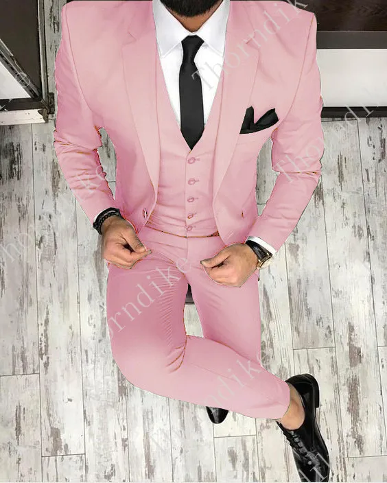 light pink Новинка, мужские смокинги для жениха, оливково-зеленого цвета, пиковые/Мужские костюмы с отворотом, костюмы для шафера, блейзер(пиджак+ брюки+ жилет+ галстук), C357 - Цвет: light pink