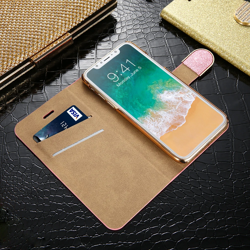 KISSCASE блестящий чехол для iPhone XS X 7 8 Plus кожаные флип кейсы Apple 6 6S 5 5S SE кошелек