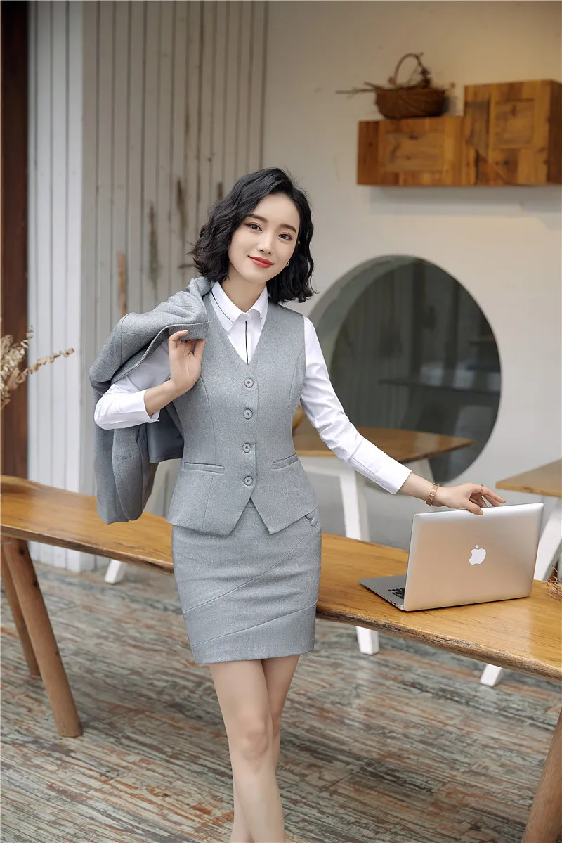

Formal Two Piece Set Women Business Suits With Tops and Skirt Uniform Styles Vest Coat & Waistcoat For Ladies Blazers Skirt Sets