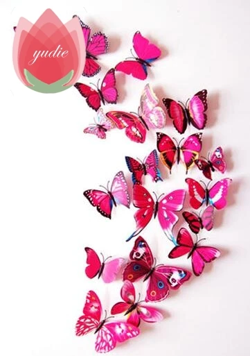3D Rose Red 12 шт. DIY Реалистичные 3D многоцветные бабочки на магните на холодильник, магнитные наклейки на стену для детской комнаты, кухни, украшения для дома, Бесплатный клей - Цвет: 3D Rose Red