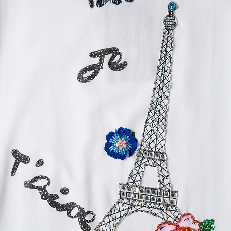 Женская хлопковая футболка с коротким рукавом белая Винтажная вышивкой и