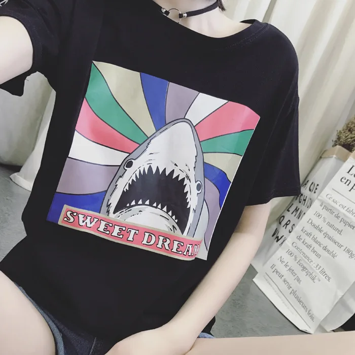 Корейский Поп веселое Harajuku с персонажами из мультфильма Акула принтом Для женщин