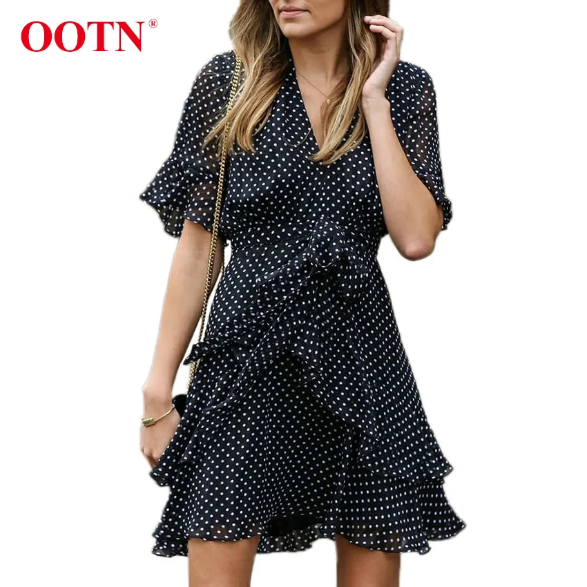 OOTN V шеи Сексуальная шифоновые в горошек платье Для женщин летние черный белый