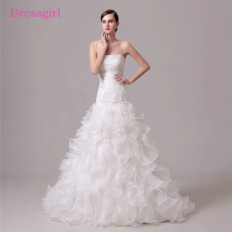 Plus Size Vestido De Noiva Wedding Dresses Mermaid Strapless Organza Lace Beaded Boho Cheap Wedding Gown Bridal Dresses