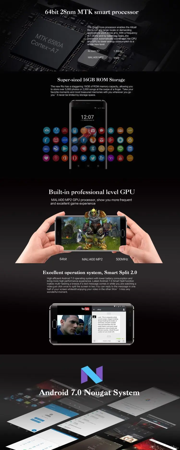 Allcall RIO двойная задняя камера 3G 5,0 дюймов IPS HD 1 ГБ ОЗУ 16 Гб ПЗУ 8МП камера MTK6580A четырехъядерный смартфон Android 7,0