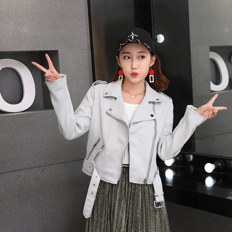 Ftlzz Осенняя Женская куртка из искусственной замши с отложным воротником, тонкая мотоциклетная куртка, винтажная короткая дизайнерская Байкерская кожаная куртка из искусственной кожи