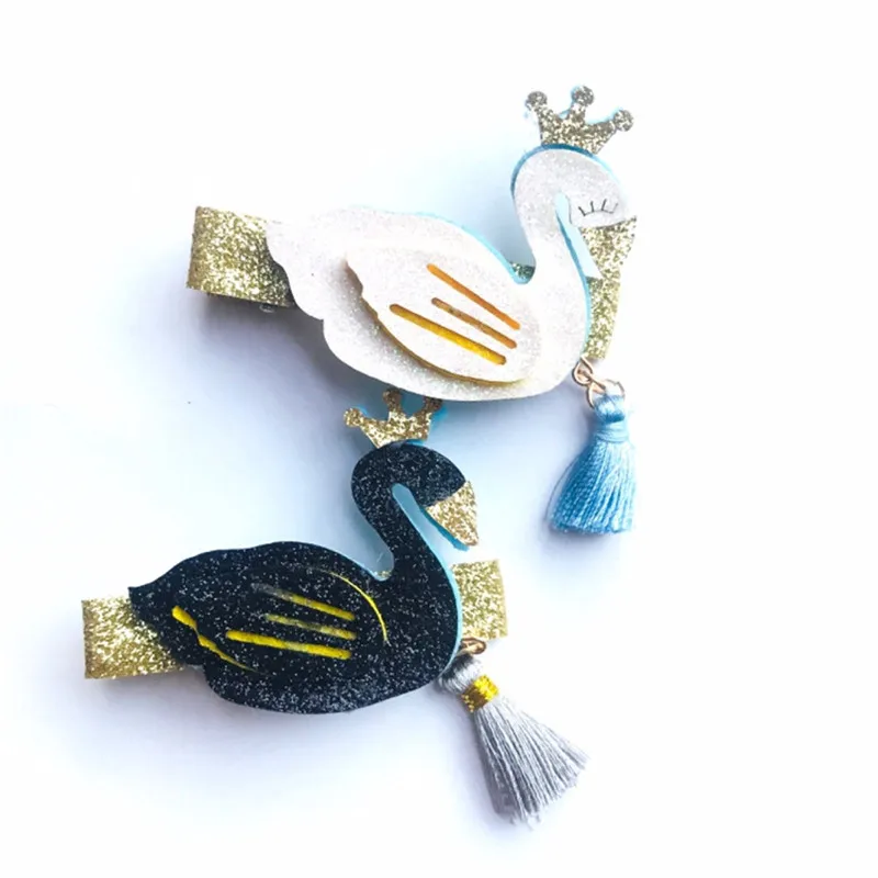 

10pcs/lot White and Black Glitter Swan Hair Clips with Tassel Cartoon Animal Goose Hairpin with Gold Barrette and Sparkly Crown