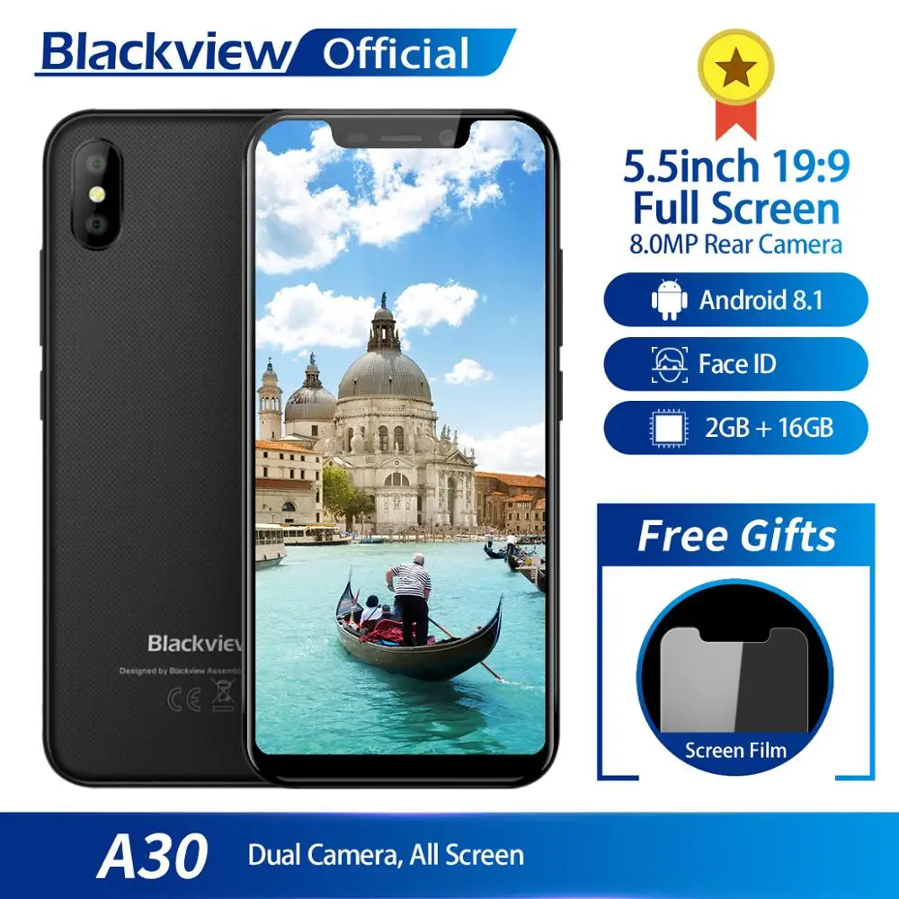Blackview A30 смартфон 5 дюйма 19:9 полный Экран MTK6580A 4 ядра 2 ГБ + 16 Android 8 1 Dual SIM 3g face ID