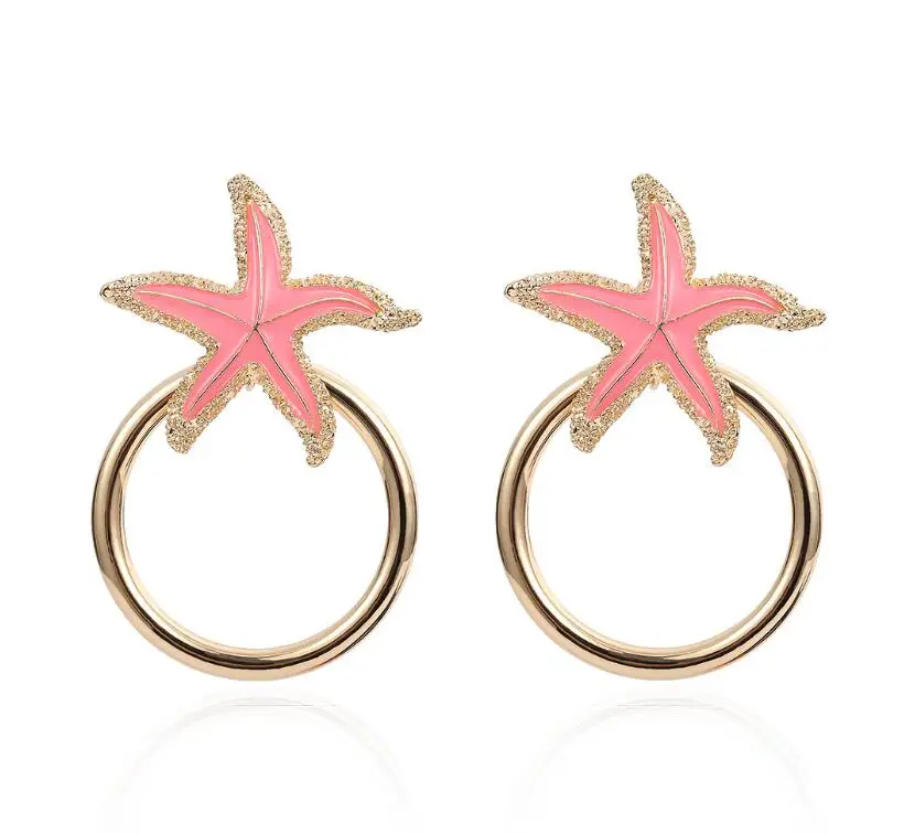 Pink KMVEXO, модные женские серьги в богемном стиле, синяя Морская звезда, раковина, большой круг, круглые Висячие серьги, пляж, океан, звезды, массивные серьги в богемном стиле - Окраска металла: Pink