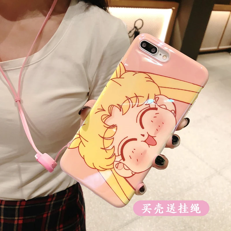 Sailor Moon cover For iPhone 8/7 plus case &amp tempered glass film for 6 6s phone cute girl screen protector +strap |