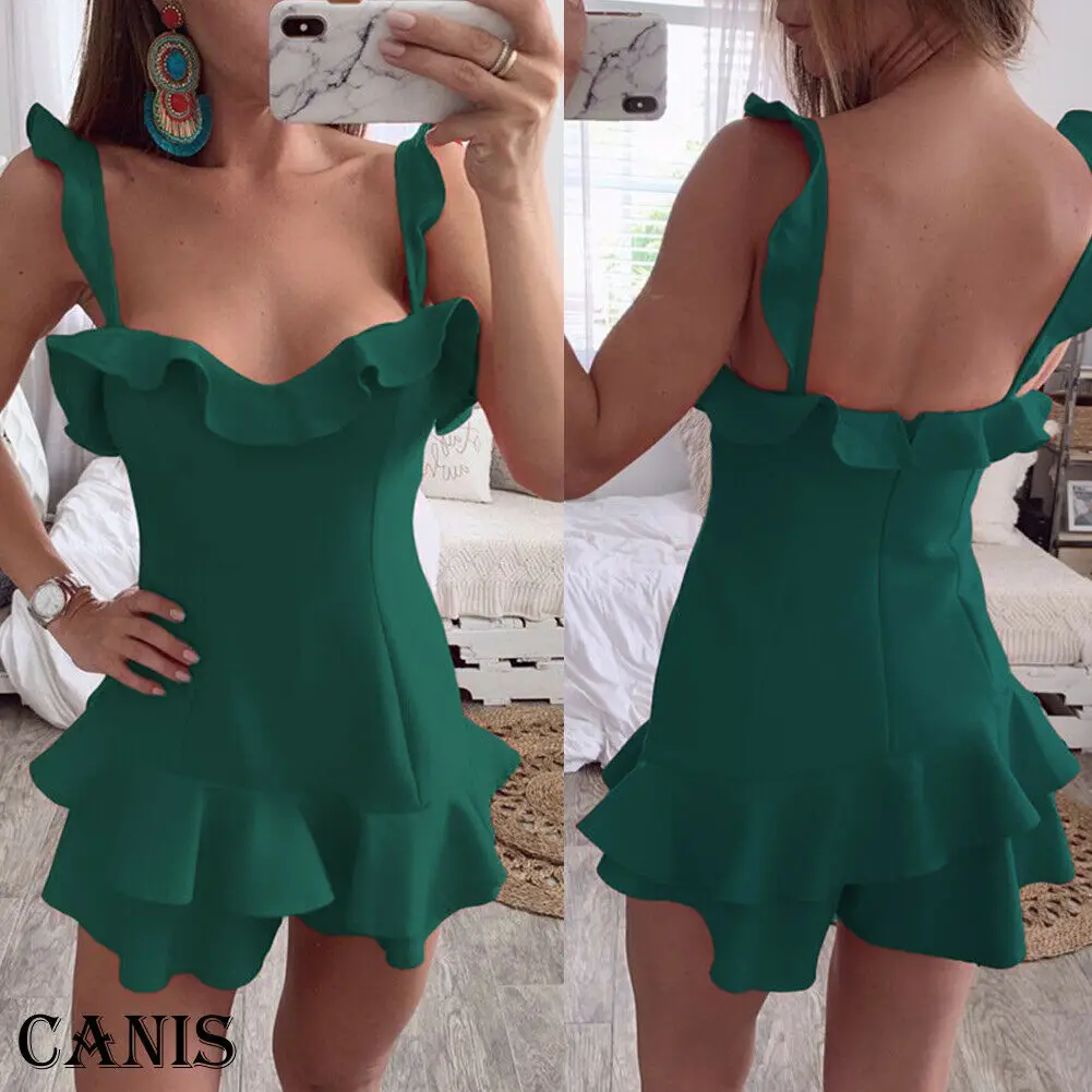 Womens Solid Sling Multi0layers Ruffles Frill Strappy Summer Holiday Party Bodycon Beach Short Mini Swing Dress | Женская одежда