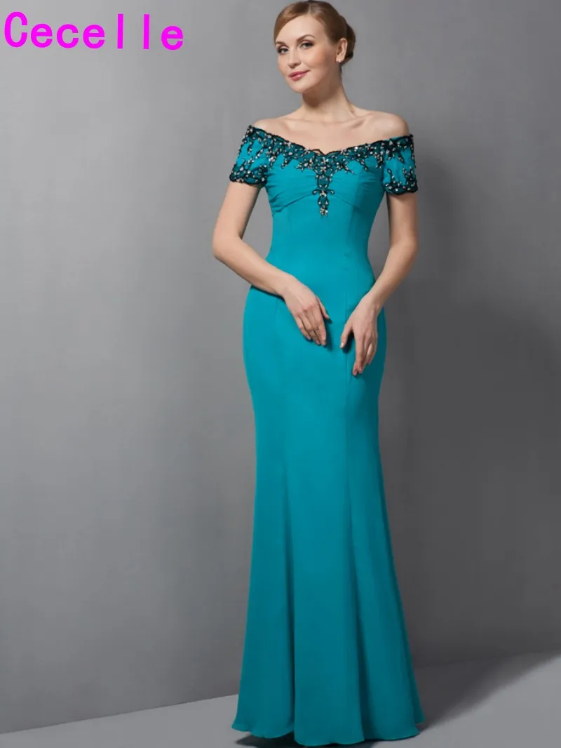 Teal Long Mermaid Floor Length Off Shoulder Chiffon Mother Of Bride Dresses With Short Sleeves Mother's Elegant Formal | Свадьбы и