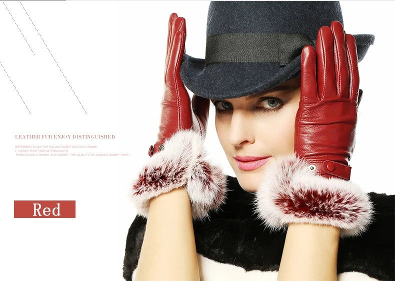

New Luxury Italian Soft Nappa Leather Glove For Women With 100% Rabbit Cuff Glove Red Brown Black 1 Pair/Lots